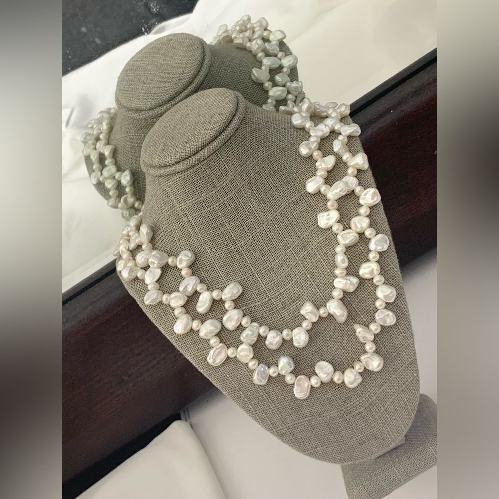 SIGNED  14k W YELLOW GOLD  DOUBLE STRAND FRESHWATER PEARL NECKLACE